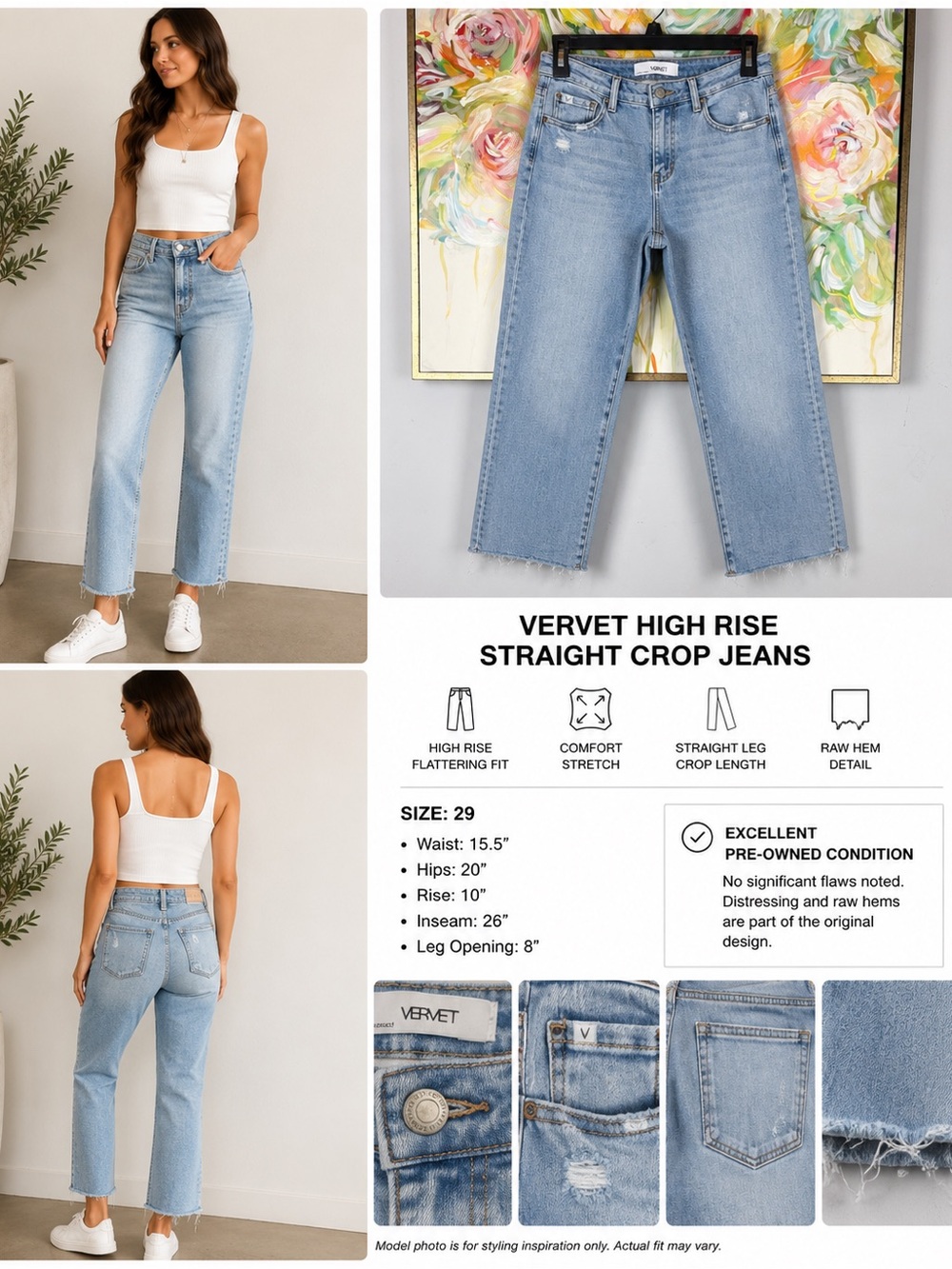 Vervet High Rise Straight Crop Jeans Raw Hem Light Wash Size 29